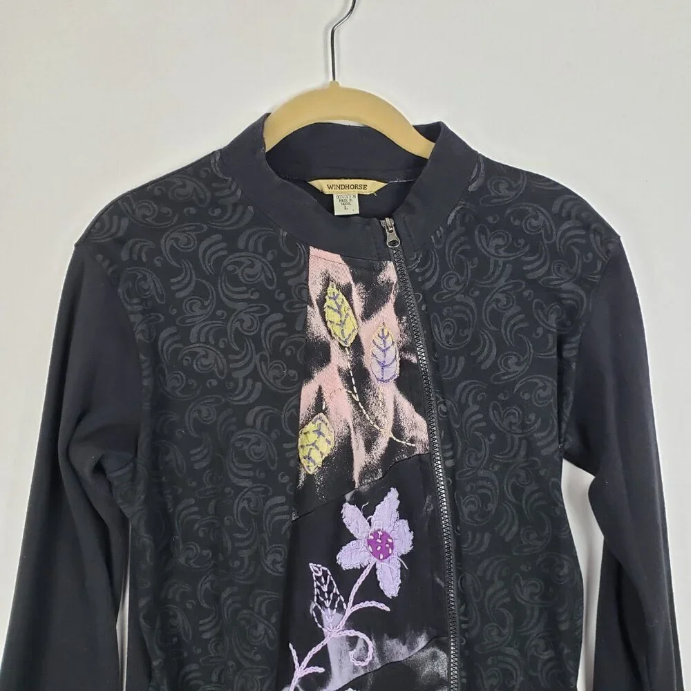 Windhorse Asymmetrical Zip Tunic Jacket Cotton Art Applique Nepal Size Large - Picture 3 of 8